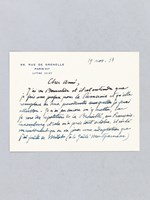 Lettre autographe signée datée du 19 novembre 1954 [ adressée à l'écrivain et érudit bordelais Armand Got ] : 'Je n'ai pas encore pu m'y mettre, car je sors des répétitions de 'La Brouille', au Fran&