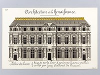 Architecture de la Renaissance. Palais du Louvre. Façade sur la Cour d'après une gravure publiée en 1576 par Jacq. Androuet du Cerceau [ Beau lavis original ]