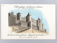 L'art Gothique. Architecture militaire [ Lot de 3 beaux lavis originaux sur Carcassonne ] La Cité de Carcassonne : Vue du Château prise de l'angle nord-est - Remparts nord-ouest. Tour romano-wisigothe - Cité de Carcassonne. Plan au XII