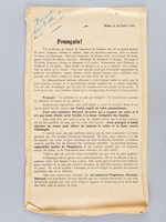 Tract allemand en français daté de Berlin, le 26 juillet 1916 : 'Français ! Vos aviateurs, au moyen de lancement de bombes, ont tué un grand nombre de civils, hommes, femmes et enfants, dans ces dernières semaines, bien