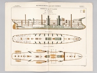 Aide-Mémoire d'Artillerie Navale. Planches. 2e Livraison 1879 (Chapitre VI : Renseignements sur les navires) : Planche 26 : Croiseurs de 1ère Classe. Le Tourville. Coupe longitudinale, Plan de la Batterie, Plan des Gaillards