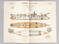 Aide-Mémoire d'Artillerie Navale. Planches. 2e Livraison 1879 (Chapitre VI : Renseignements sur les navires) : Planche 30 : Croiseurs de 2ème Classe. Le Duguay-Trouin. Coupe longitudinale, Plan des Gaillards, Plan de la Cale, Coupes