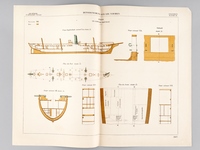 Aide-Mémoire d'Artillerie Navale. Planches. 2e Livraison 1879 (Chapitre VI : Renseignements sur les navires) : Planche 39 : Avisos. Le Latouche-Tréville. Coupe longitudinale suivant l'axe, Plan du Pont, Coupes, Plan des Soutes, Sabord