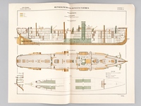 Aide-Mémoire d'Artillerie Navale. Planches. 2e Livraison 1879 (Chapitre VI : Renseignements sur les navires) : Planche 44 : Transports L'Annamite, Coupe longitudinale, Plan des Gaillards, Cale