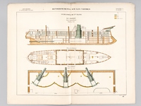 Aide-Mémoire d'Artillerie Navale. Planches. 3e Livraison 1878 (Chapitre VI : Renseignements sur les navires) : Planche 5 : Cuirassés de 1er Rang. Le Colbert. Coupe longitudinale. Plan de la Batterie. Plan du Réduit [ On joint : ] Plan