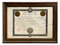 Diplôme de Docteur en Droit mention Sciences Politiques et Economiques. Fait à Paris le 7 Février 1914. Avec 2 Médailles de prix de l'Université de Bordeaux et la Médaille de la Société des Amis de l'