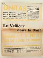 Unitas. Cahier d'Enquêtes et d'Etudes sur le Matérialisme et le Spiritualisme contemporains. Deuxième Année. Juillet - Août 1936 N° 12 : Le Veilleur dans la Nuit. Hommage à S.S. Pie XI chef de l'Unité cat