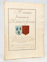 [ Extrait d'Armorial Manuscrit seconde partie XVIIIe ] Maison de France. Le Roy porte deux Ecus accolez, le 1er d'azur à 3 fleurs de lys d'or, 2 en chef et 1 en pointe qui est de France ; le 2e de Navarre qui est de gueule aux chaisnes accolé