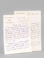 [ Lot de 2 lettres autographes signées, à en-tête de l'Ecole Française de Rome ] 1 L.A.S. datée du 21 avril 1903 : Mon cher ami, C'est aujourd'hui la Natale di Roma. Cet anniversaire m'a rappelé celui que vous